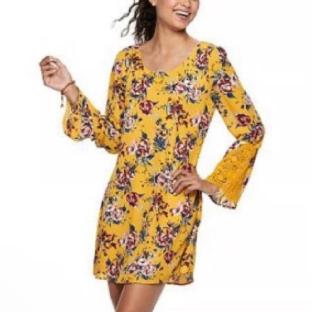SPEECHLESS Size L Mustard Yellow Floral Long Sleeve Bell Sleeve Shift Dress